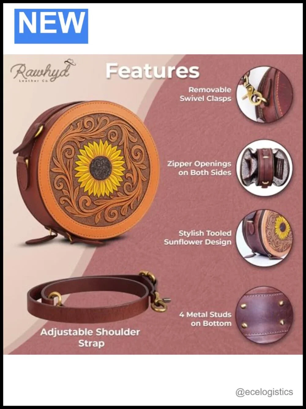 Hand-Stitched Full-Grain Leather Sunflower Crossbody Bag with Convertible Strap